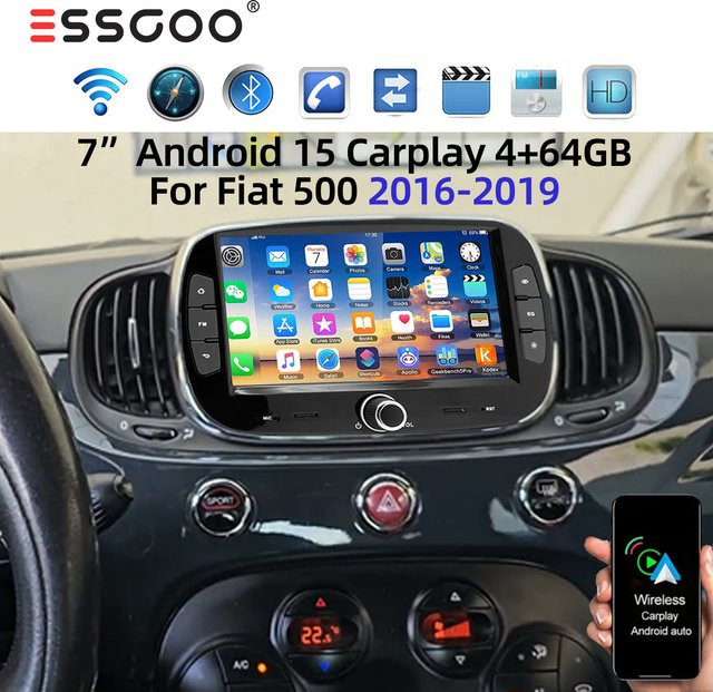 ESSGOO 7 Zoll Kabelloses CarPlay Android 15 Autoradio für FIAT 500 Abarth 2016-2019 Multimedia-Bildschirm Stereo mit 4+64G, GPS und WIFI in Schwarz - Bild 1
