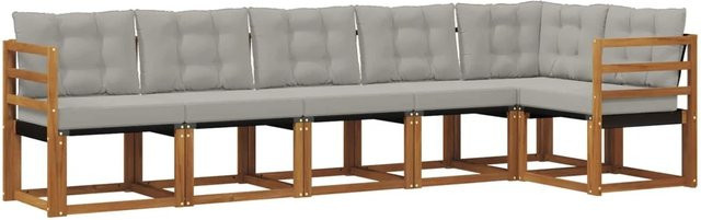 vidaXL Outdoor-Sofagarnitur 6-teilig L-Form aus Akazienholz und Textilene in Natur und Grau mit Kissen - Bild 1