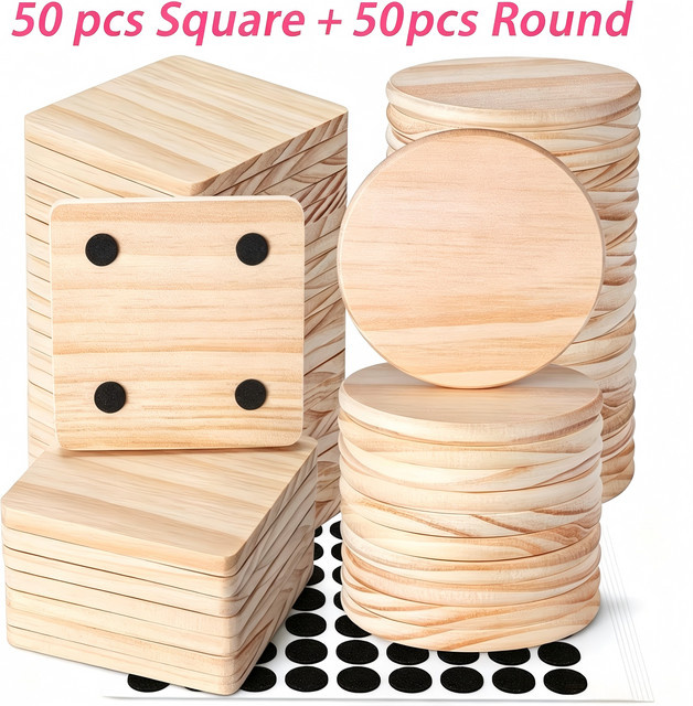 Dofiki Untersetzer-Set aus Naturholz mit rutschfesten Pads für DIY-Bastelarbeiten, 100 Stück, 50 Rund und 50 Quadrat, Durchmesser: 10 cm, Farbe: Braun - Bild 1
