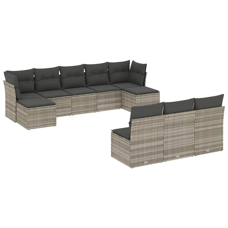 vidaXL 10-tlg. Garten-Sofagarnitur in L-Form aus Poly-Rattan mit Kissen und Ottoman, Hellgrau - Bild 2