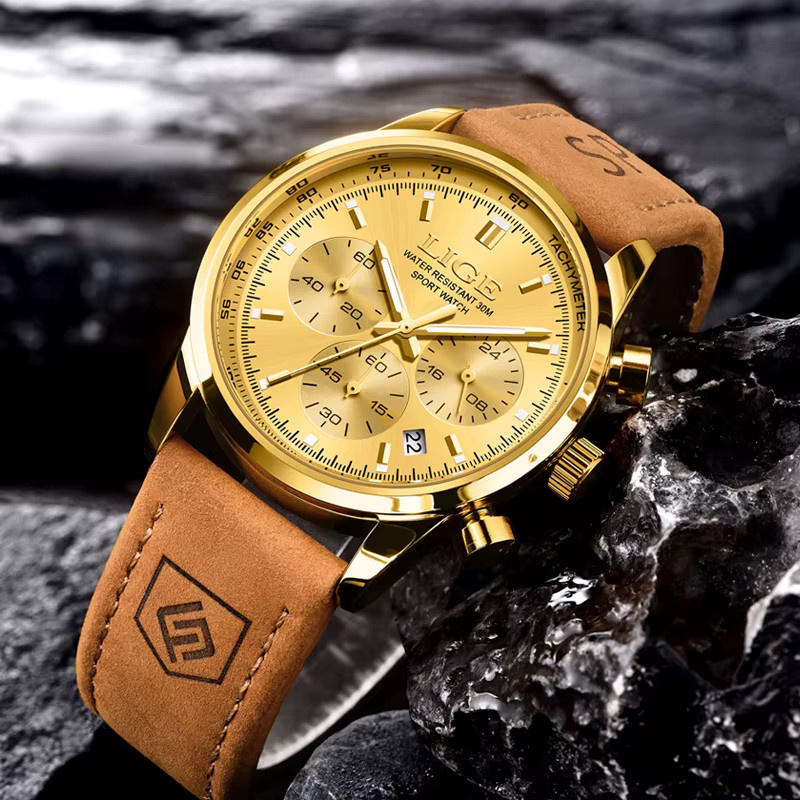 LIGE Armbanduhr Chronograph, Quarz, Leder, Blau, Gold, Herren - Bild 3