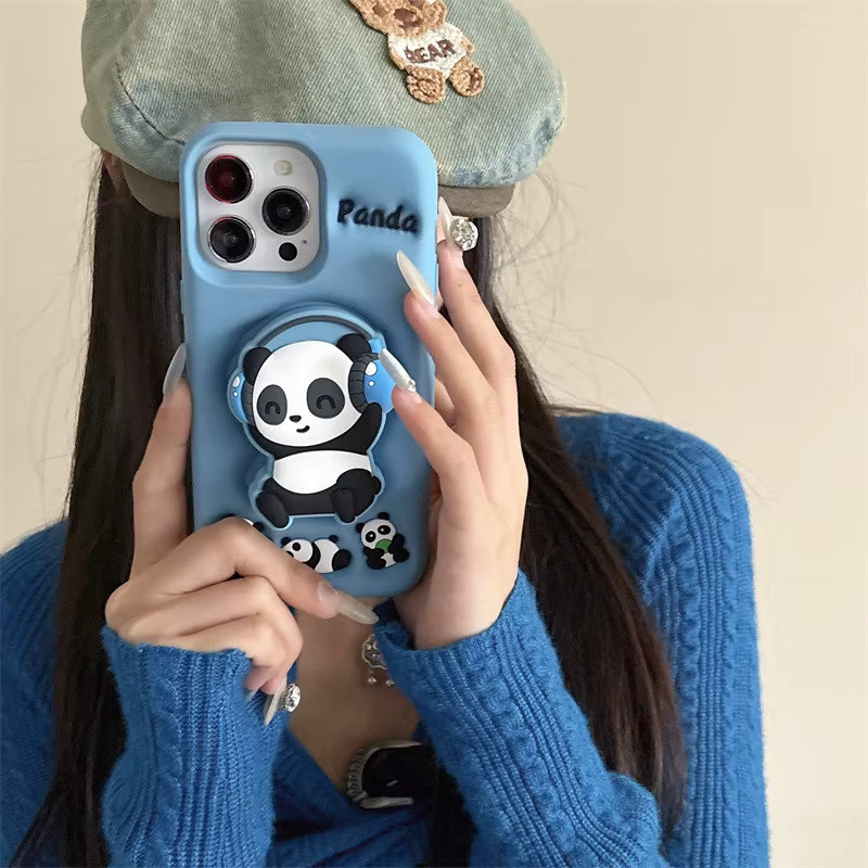 MUQGEW Panda Silikon Schutzhülle mit Teleskop-Halterung für iPhone 15 14 16 13 12 Pro Max in Blau - Bild 5