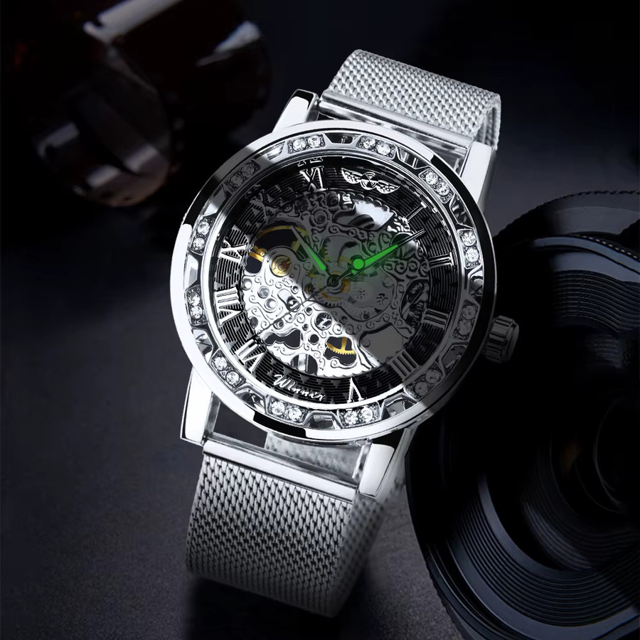 WINNER Armbanduhr, Handaufzug, Edelstahl, Silber, Diamantbesetzt, Herren - Bild 2
