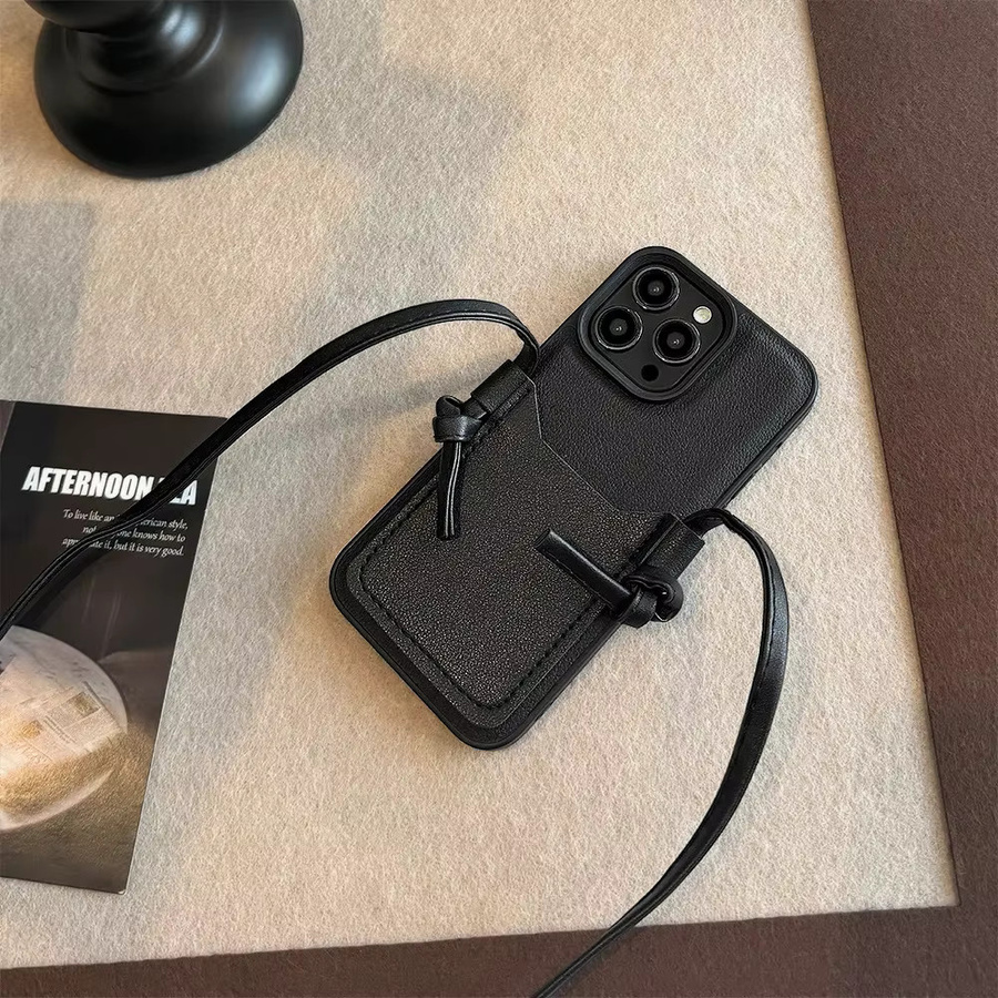 Potdemiel Luxuriöse Umhängetasche mit Lanyard-Halskette und Welpen-Kartenhalter aus Leder als stoßfeste Handyhülle für iPhone 11 bis iPhone 17 Pro Max in Schwarz - Bild 5