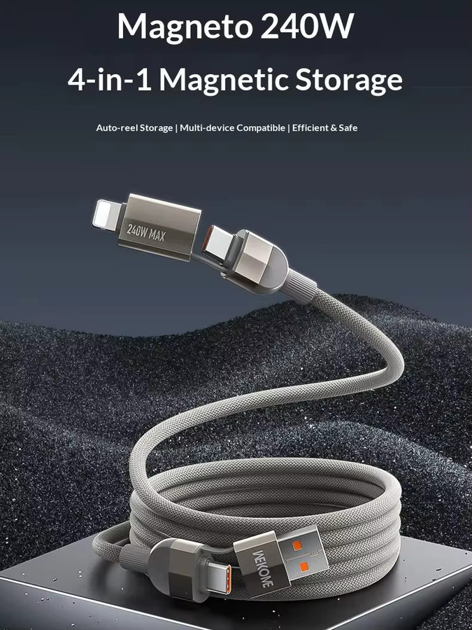 WEKOME WDC-48 4-in-1 Magnetisches Schnellladekabel 240W mit USB/Typ-C zu iPhone/Typ-C, Selbstaufrollend, Grau, Länge: 1 m - Bild 1