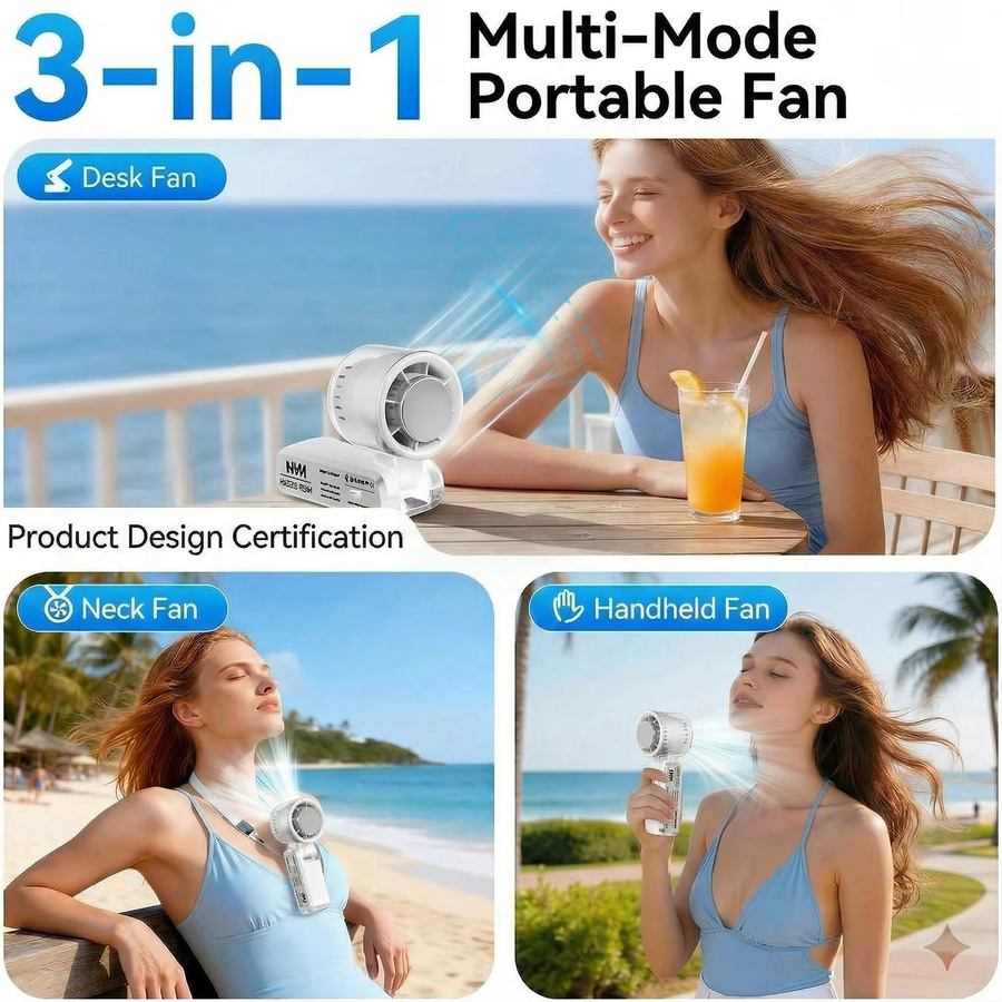 Fireurus Handventilator mit 3600 mAh Akku, stufenloser Geschwindigkeitsregelung, LED-Anzeige und Nachtlicht, USB wiederaufladbar, Weiß - Bild 3