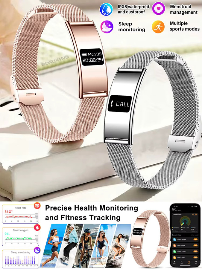 BOXUXING Smart-Armband für Damen mit Fitness-Tracker, Herzfrequenzmonitor und Anruf-Erinnerung, 10ATM wasserdicht, Schwarz - Bild 6