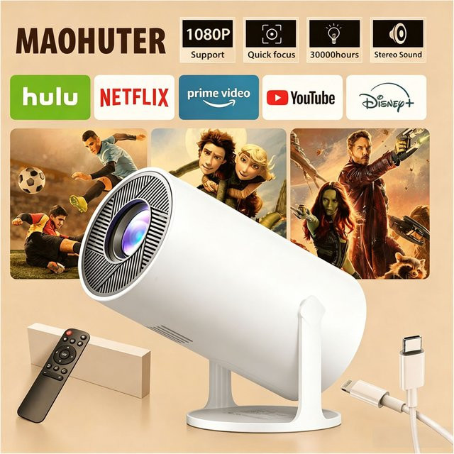 MAOHUTER Smart Home Theater Projektor mit 4K UHD, WLAN, Bluetooth und Android in Weiß - Bild 1