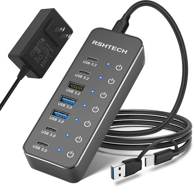 RSHTECH USB-Hub mit 7 Ports und 10 Gbit/s Datenübertragung, Schwarz, mit individuellen Ein- und Ausschaltern für Windows, PC, Laptop und Desktop - Bild 1