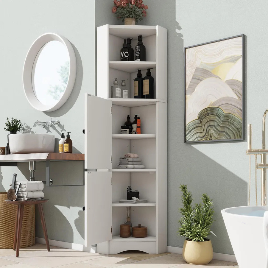 NK Space Eck-Badezimmerschrank in Weiß mit offenen Ablagefächern und Türen, H x B x T: 155,4 x 51,7 x 32 cm - Bild 2