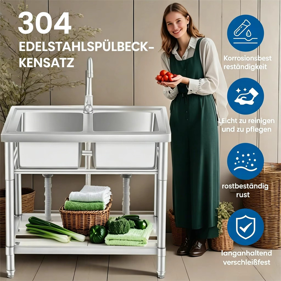 HiMISS Edelstahl-Spültisch in Silber mit Doppelbecken und Warm- und Kaltwasseranschlüssen, Breite: 84 cm - Bild 2