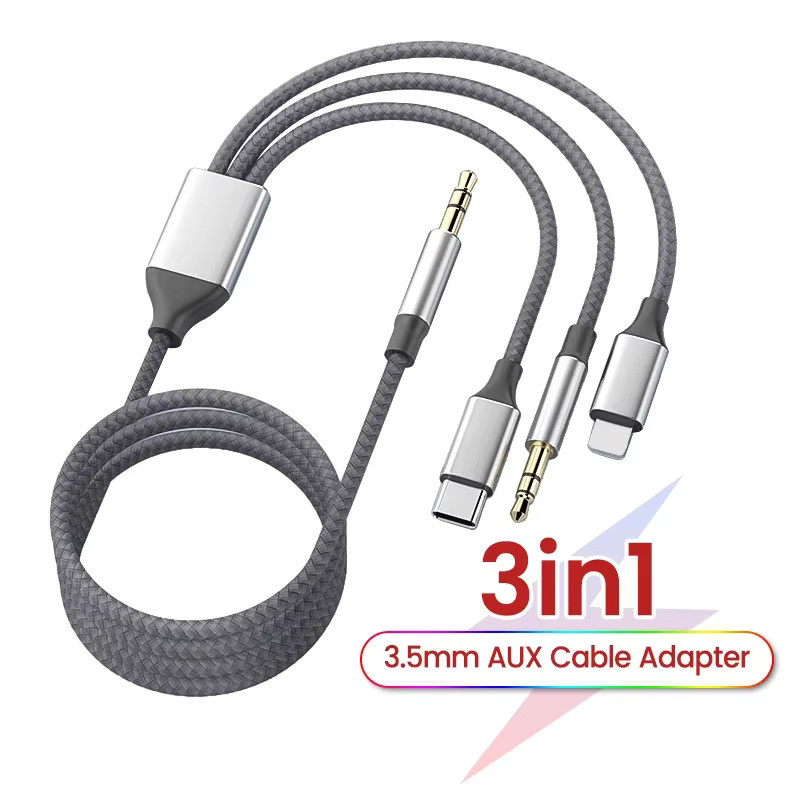Wsellda 3-in-1 Audio-Adapter mit 3,5mm Klinke, 8-Pin Lightning und USB-C in Grau für iPhone, iPad, Tablet und Lautsprecher - Bild 2