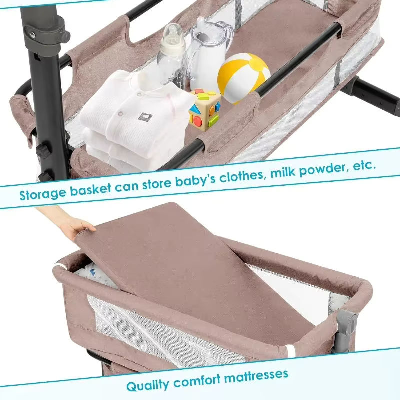 LIUSHADUOLA Wickelbett für Neugeborene mit Moskitonetz und Aufbewahrungstasche, höhenverstellbar und tragbar, Beige/Khaki - Bild 4
