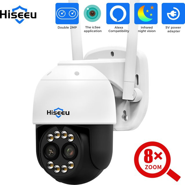 Hiseeu 4MP Dual-Objektiv PTZ WLAN IP-Kamera mit 8-fach Zoom, Menschenerkennung und Zwei-Wege-Sprachfunktion, Outdoor Videoüberwachungskamera, Weiß - Bild 1