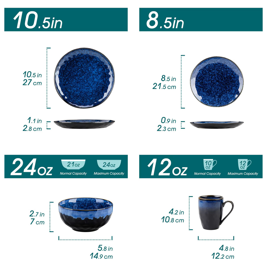 vancasso Tafelservice Sternenblau mit geometrischem Design, 16- oder 32-teiliges Geschirrset bestehend aus Speisetellern, Desserttellern, Schüsseln und Bechern - Bild 2