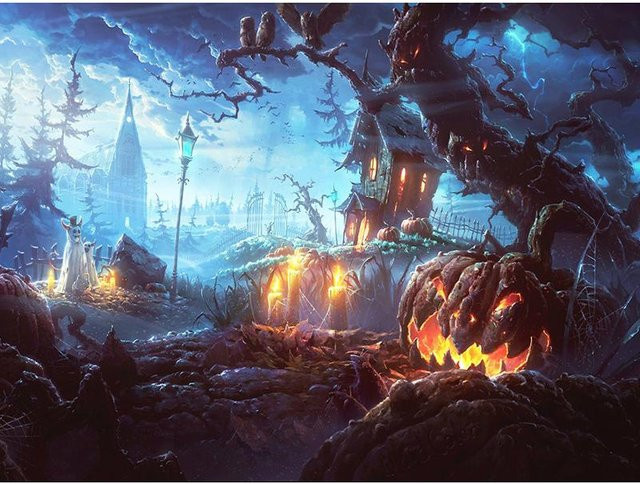 FIYO Diamantstickerei Halloween Kürbislaternen Kreuzstich Set, Rund, Grau/Mehrfarbig, B/H: 30 x 30 cm - Bild 1