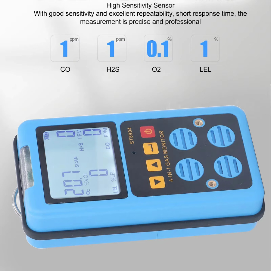 KKMOON 4-in-1 Gasmonitor für CO, H2S, O2 und LEL mit Ton-, Licht- und Vibrationsalarm sowie hintergrundbeleuchtetem Display in Blau - Bild 2