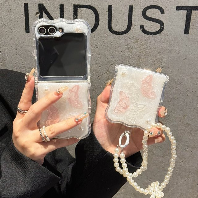 Schmetterling 3D Handyhülle mit Armband und Wellen-Design für Samsung Galaxy Z Flip 6, Z Flip 5, Z Flip 4 und Z Flip 3, stoßfeste Abdeckung mit Lanyard - Bild 1