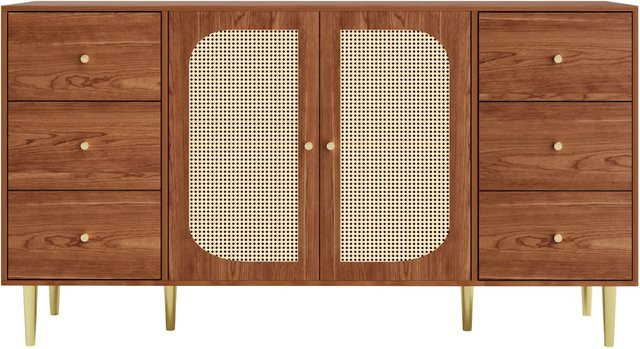okwish Sideboard mit Rattantür und Schublade in Natur Braun, Aufbewahrungsschrank für dein Wohnzimmer, B/T/H: 160 x 40 x 90 cm - Bild 1