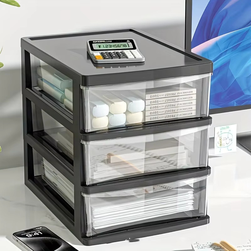HOMEFISH Schreibtisch-Aufbewahrungsbox aus Kunststoff mit Schublade und mehreren Fächern, transparent/schwarz - Bild 2