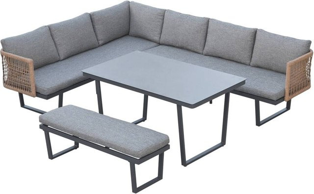 Pocoline Gartensitzgruppe Cancun in L-Form mit 3er Sofa, Couchtisch und Polstern, grau, pulverbeschichtetes Aluminium - Bild 1