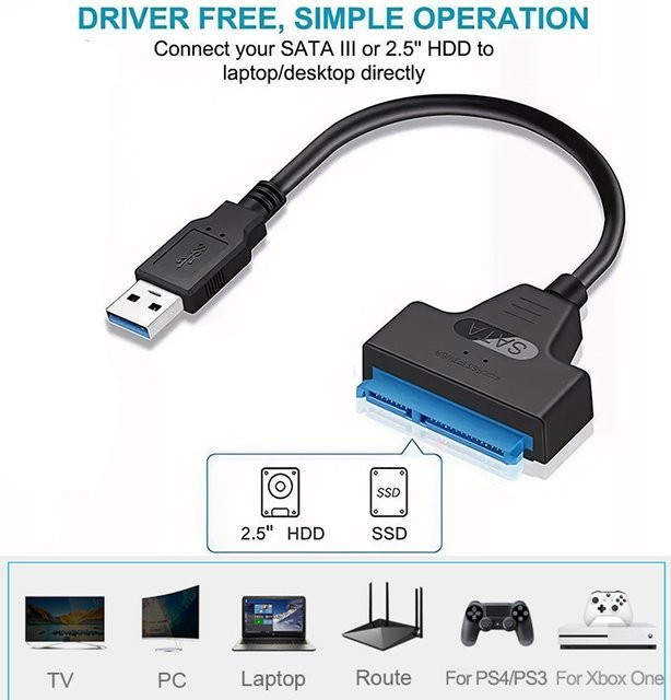 USB 3.0 zu SATA Adapterkabel Typ-C für 2,5 Zoll externe Festplatten und SSD, 5 Gbit/s Datenübertragung, Schwarz - Bild 1