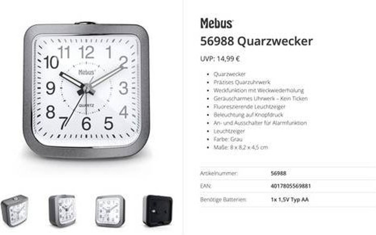 Mebus 56988 Analoger Quarz Wecker in Grau, Modernes Quadratisches Design, Stehend - Bild 1