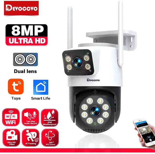 Devoccvo 8MP 4K Dual Lens Außenkamera mit WIFI und Mobilfunk, Tuya Überwachungskamera in Weiß mit Schwenk-Neige-Auto-Tracking und Zwei-Wege-Gespräch - Bild 1