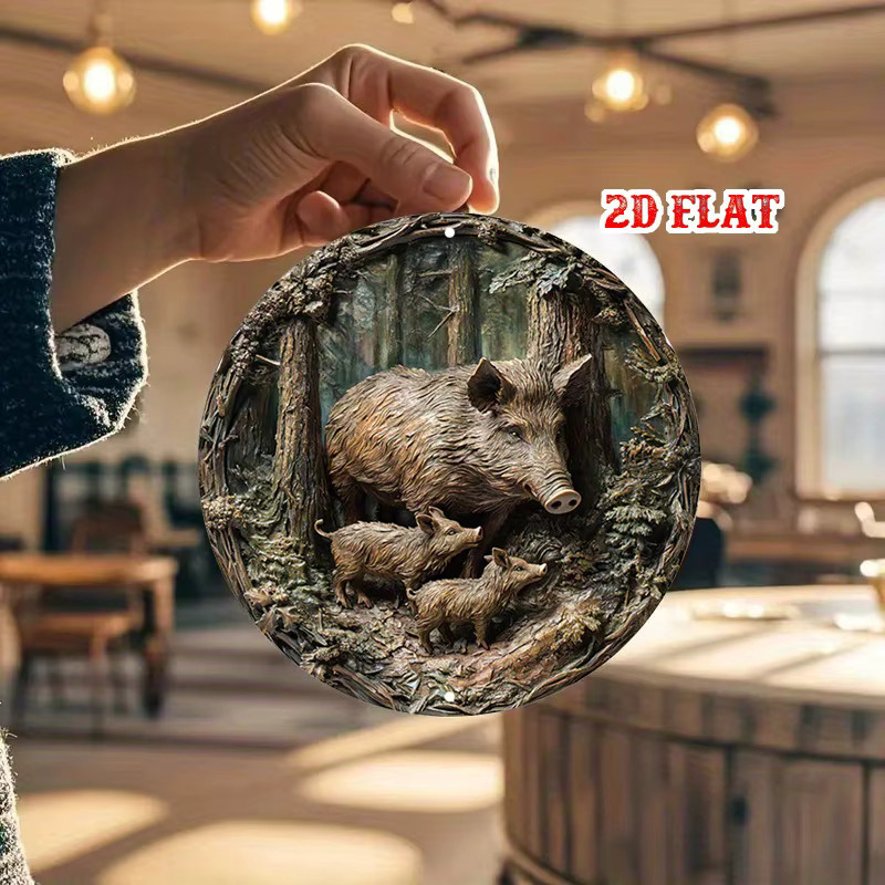 HELLOYOUNG Wildschwein-Familie Metall-Wandkunst rundes Aluminiumschild in Braun für Waldthema und Retro-Dekor - Bild 2