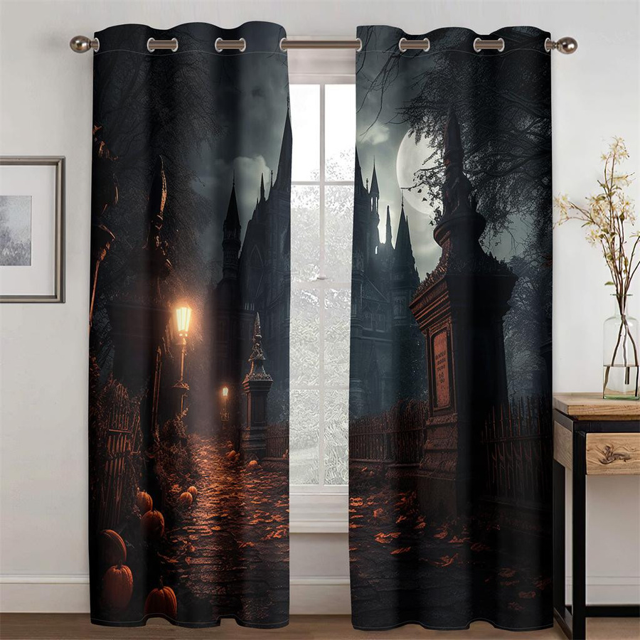 Halloween Horror Schloss Vorhänge im gotischen Stil mit Geistern und Kürbissen, 2er-Set, Mehrfarbig, B: 50 cm, H: 130 cm - Bild 1