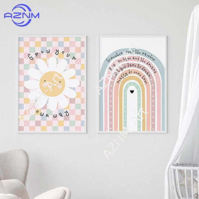 KAYOU Kinderzimmer Wandkunst Leinwandbild mit Sonnenblumen, Regenbogen, Wolken und Herzen in Mehrfarbig, Nordisches Cartoon-Poster für Baby- und Kinderzimmer Deko - Bild 1
