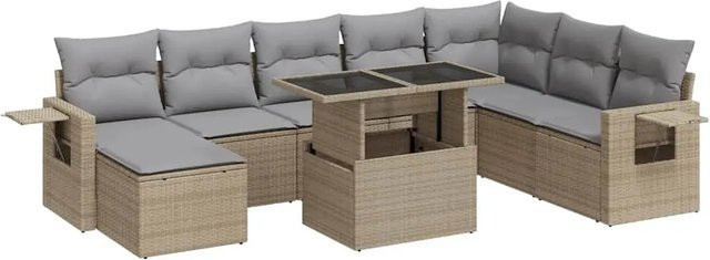 vidaXL 9-tlg Garten-Sofagarnitur in L-Form aus Poly-Rattan mit Kissen in Beige und Grau - Bild 1