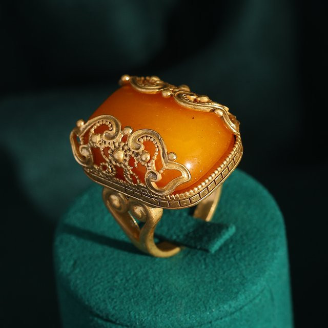 Icareu Ring, quadratisch, gelber Naturstein, goldfarben, Damen - Bild 1