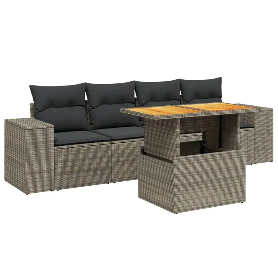 vidaXL 5-teilige Garten-Sofagarnitur aus Poly-Rattan in Grau mit Kissen und Tisch - Bild 2