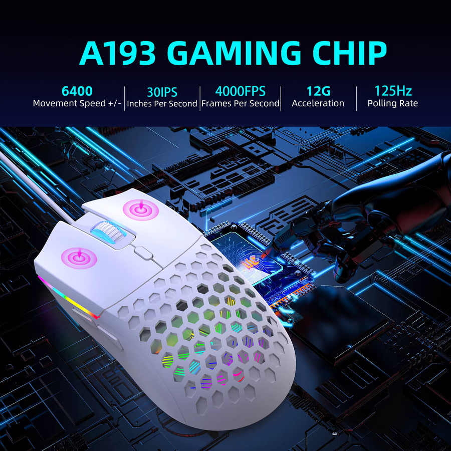 HXSJ RGB-Gaming-Maus mit 6400 CPI, 7-Farben-Atmungsbeleuchtung und Wabenstruktur in Weiß - Bild 4