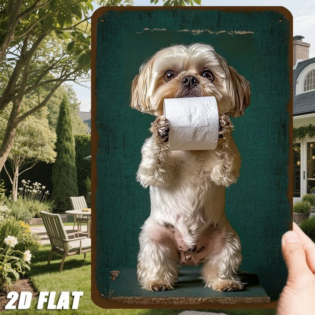 HELLOYOUNG Metallschild Hund mit Toilettenpapierrolle als lustige Wanddekoration, Mehrfarbig, Breite: 20,32 cm, Höhe: 20,32 cm - Bild 1