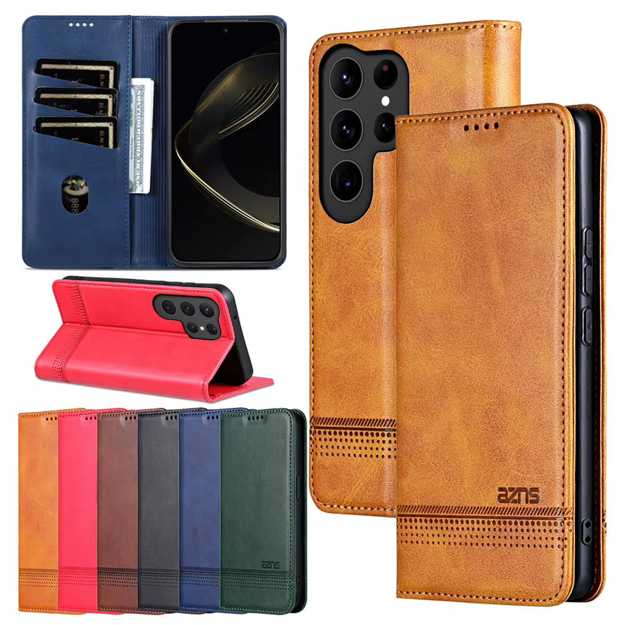 Flip Wallet Case Leder für Samsung Galaxy S25 Ultra Edge, S24 Plus, S23 FE, S22 und S21 mit Kartenfächern und magnetischem Verschluss in Braun - Bild 2