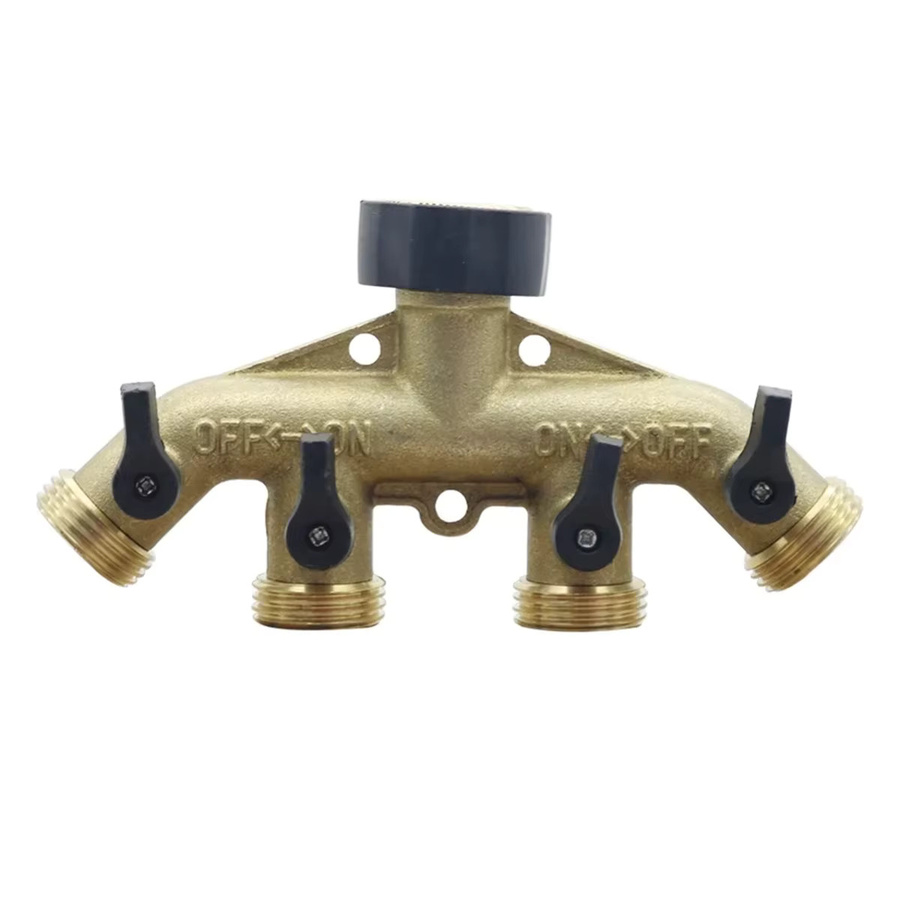 4-Wege-Wassersplitter aus Messing mit Ventil und 3/4 Zoll Innengewinde/Außengewinde für die Gartenbewässerung, Farbe: Gold - Bild 2