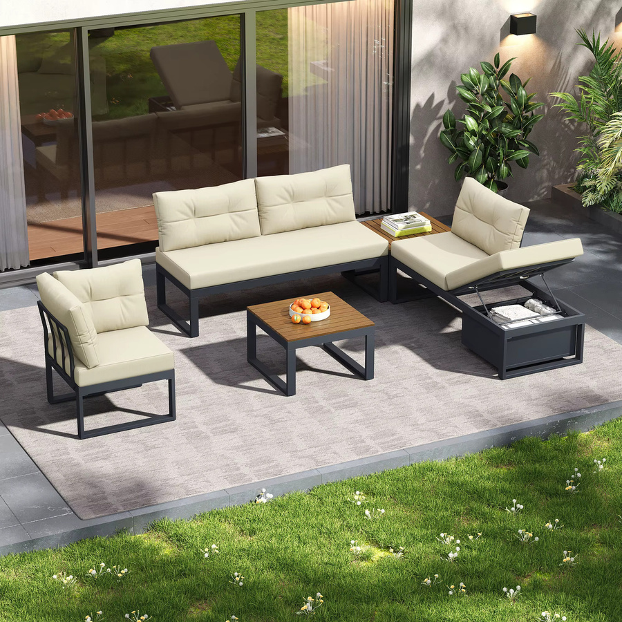 LVHOM Modulares L-förmiges Outdoor-Ecksofa mit Aluminiumrahmen, Holztisch und Kissen in Beige und Weiß, wetterfestes Garten- und Terrassen-Set mit Stauraum - Bild 3