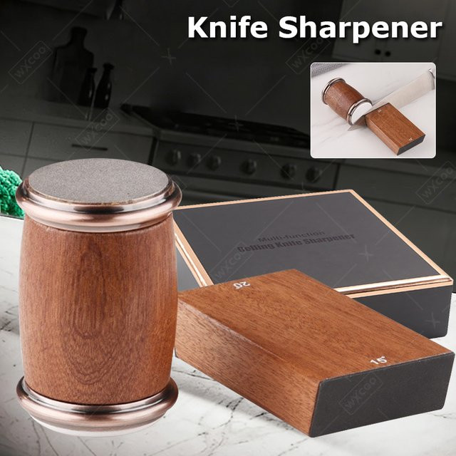 WXCOO Rollender Messerschärfer mit einstellbarem Wolframstahl-Magnetschleifstein in Braun mit Holzoptik und Metallgehäuse - Bild 1