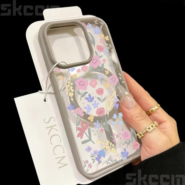 Yiran Handyhülle mit Blumenmuster für iPhone 16 15 14 13 12 11 Pro Max XS XR Matt mit MagSafe Magnetischer Drahtlose Ladeabdeckung Farbe: Grau/Mehrfarbig - Bild 1
