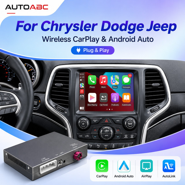 AUTOABC Kabelloses CarPlay und Android Auto Interface für Dodge Challenger, Chrysler 300C und Jeep (2014-2019) OEM Upgrade Decoder Box in Schwarz - Bild 1