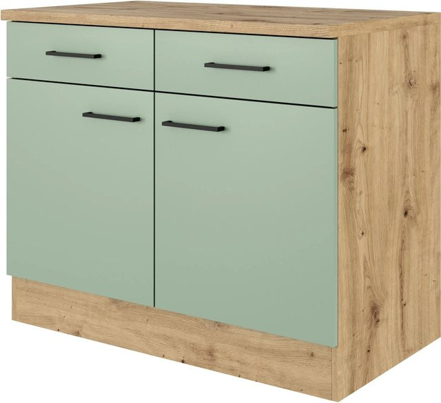 Flex-Well Küchen-Unterschrank Cara in Schilfgrün matt und Artisan Eiche, B/H/T: 100 x 85 x 60 cm - Bild 1