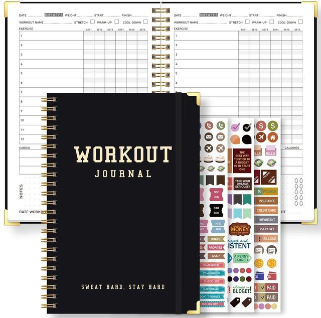 Trainingsjournal Binchi Outdoor Product Spiralblock A5 Fitnessplaner in Schwarz mit Gold und Stickern zur Trainingskontrolle - Bild 1