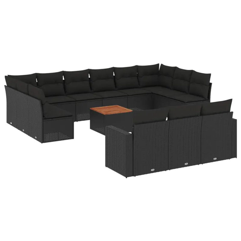 vidaXL 14-tlg. Garten-Sofagarnitur in L-Form aus Poly-Rattan und Akazienholz mit Kissen, Schwarz - Bild 3