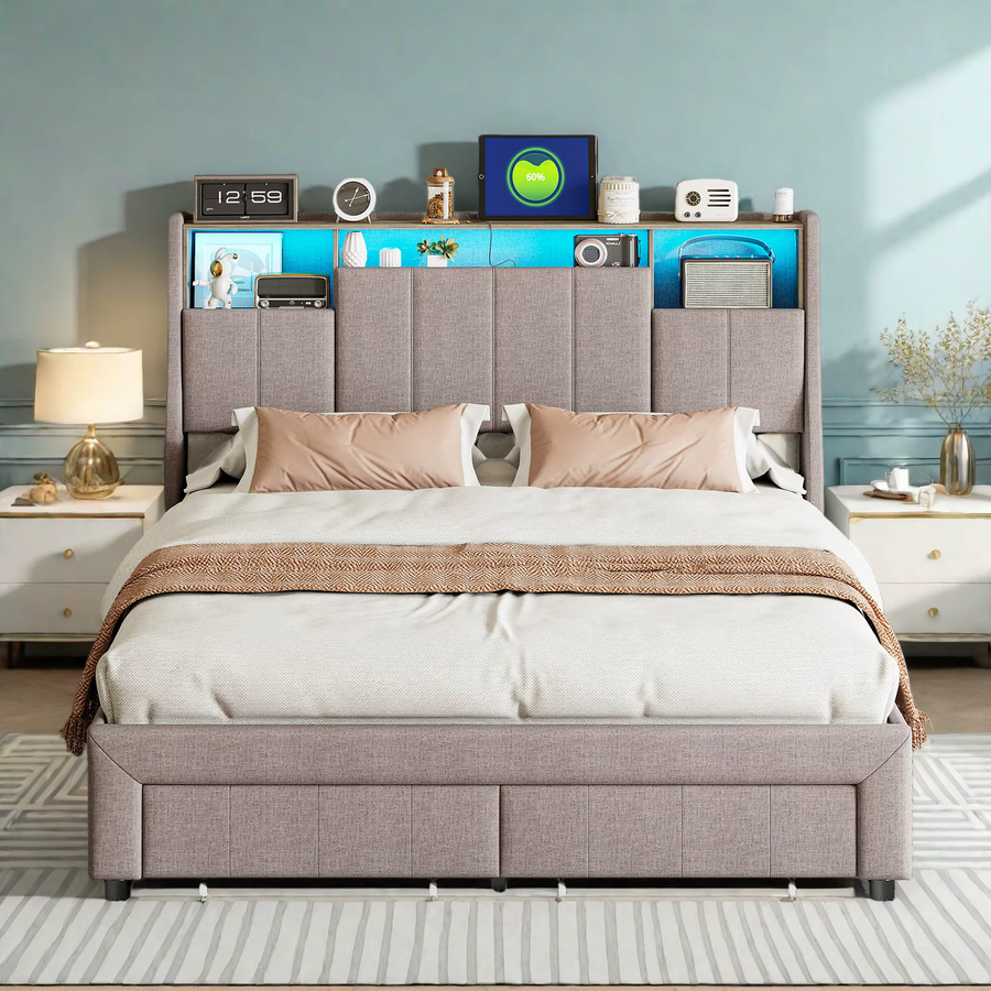 Superaly Polsterbett mit USB-Ladefunktion und LED-Beleuchtung in Grau, Jugendbett mit Stauraum und 2 Schubladen aus Leinen, B/T: 140 x 200 cm - Bild 2