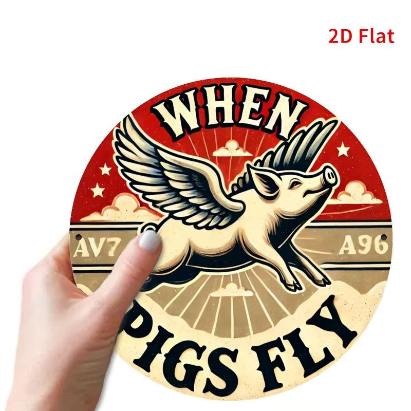 Vintage Flying Pig Metallwandkunst Potdemiel rundes Eisenschild mit When Pigs Fly Design Durchmesser: 20,32 cm - Bild 4