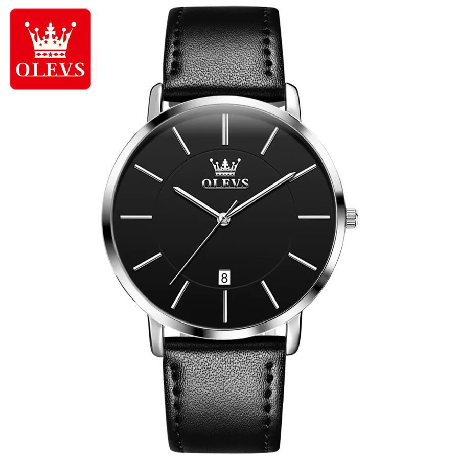 OLEVS Armbanduhr, Quarz, Edelstahl, Leder, Schwarz, Herren - Bild 7