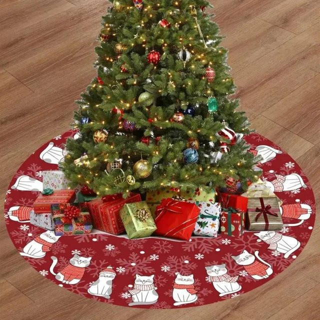 VIKAMA Weihnachtsbaumrock in Rot mit Schneeflocken und Cartoon-Katzen-Design - Bild 1