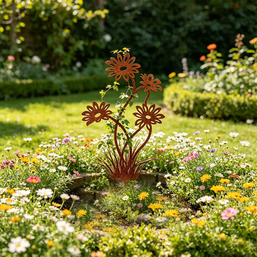 Schmiedeeiserner Garten-Dekostab mit Blumensilhouette in Braun, rustikaler Pflanzpfahl aus Metall für Blumenbeete und Rasenflächen, Höhe: 30,0 cm, Breite: 16,5 cm - Bild 4